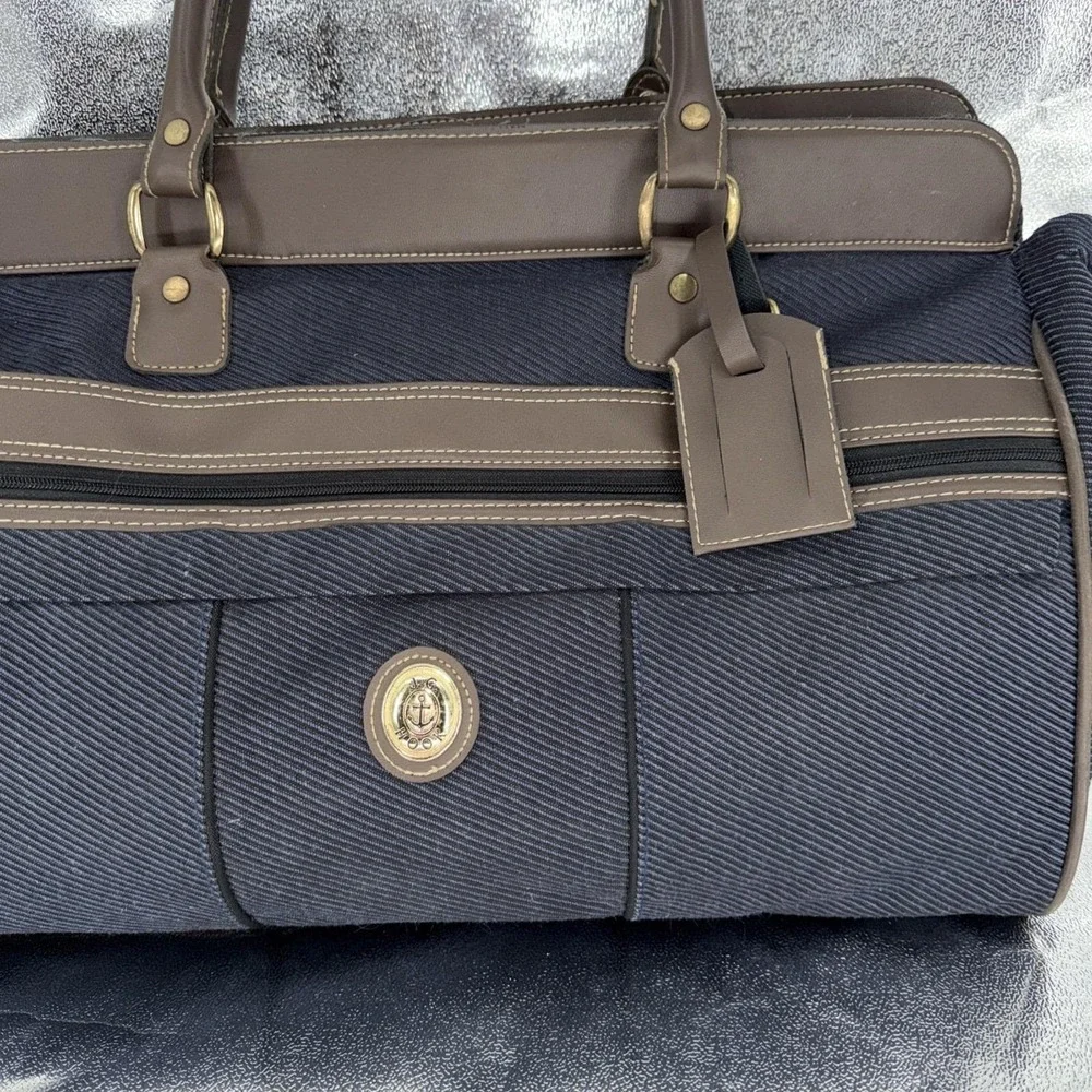 Vintage JG Hook Weekender Travel Bag Duffle Navy Blue Striped Canvas Preppy 90s